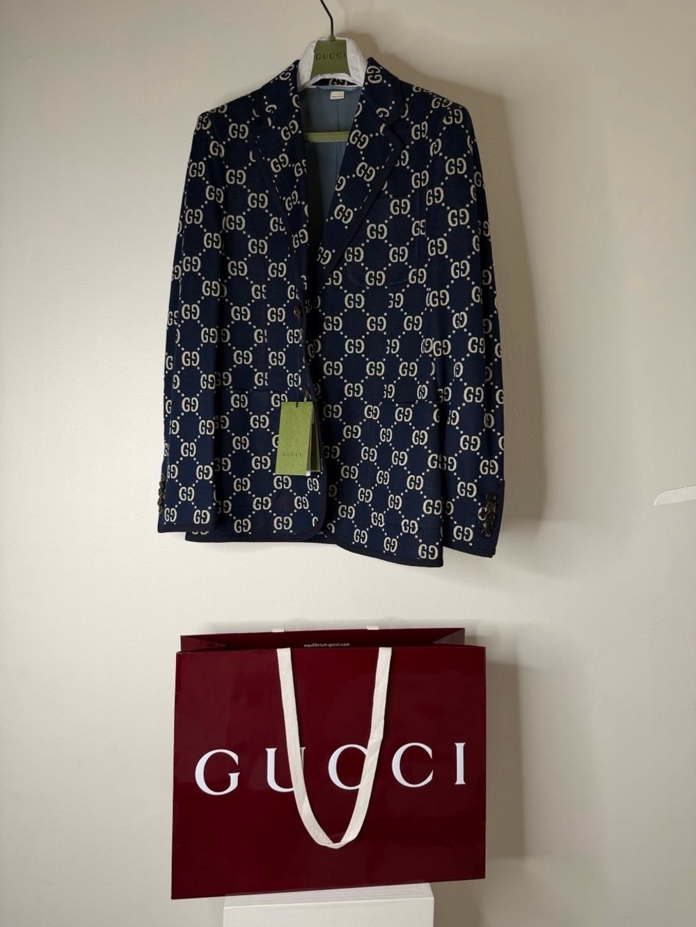 Gucci GG Monogram Blazer Jacket Navy Size 46 NEW Full Set